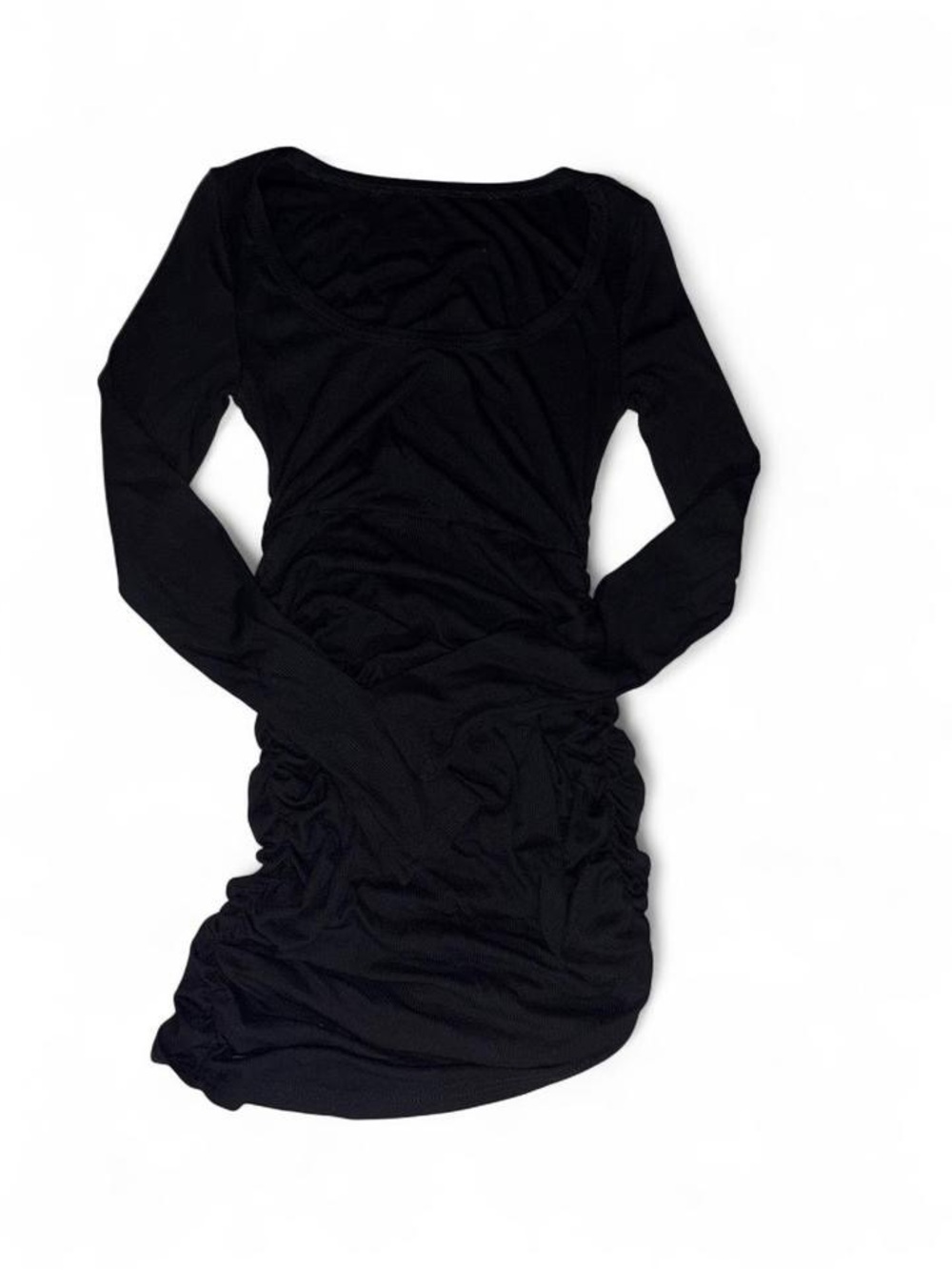 Black Long-Sleeve Ruched Scoop Neck Dress